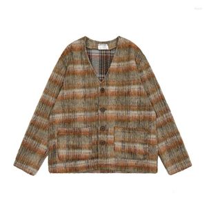 Vestes pour hommes Y2k Brown Plaid Mohair Cardigan Mélange de laine Pull en tricot unisexe Streetwear Ropa Hombre Manteau de fourrure à col en V surdimensionné décontracté