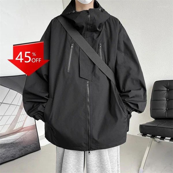 Vestes pour hommes Y2K Veste imperméable à capuche Noir Travail en plein air pour hommes Streetwear Chaquetas Hombre Varsity