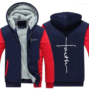 Herenjassen Y2k Korea Fashion Faith Print Kapmantel Voor Mannen Winter Zip Up Trui Fleece Warme Jas Mannelijke casual Dikker Windjack