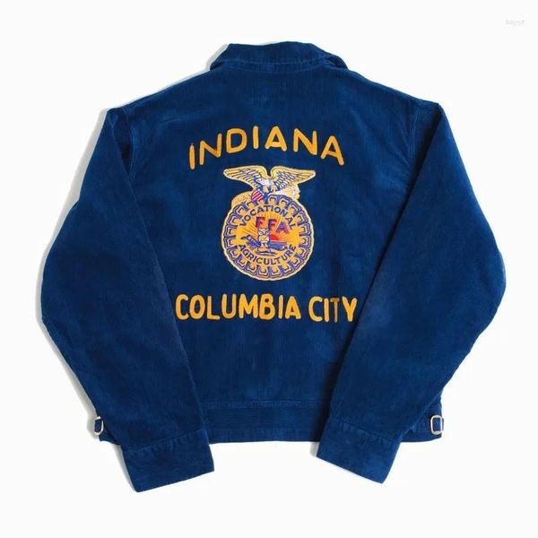 Chaquetas para hombres Y2K Hombres Chaqueta American Vintage Corduroy Bordado Azul Teñido Pesado Lavado de agua Abrigos de motocicleta Streetwear Harajuku Top gótico