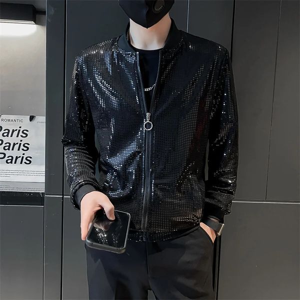 Vestes pour hommes Y2K vêtements de rue pour hommes discothèque scène mince veste de moto Jas hommes hip-hop noir sequin bomber veste vêtements à la mode 231129