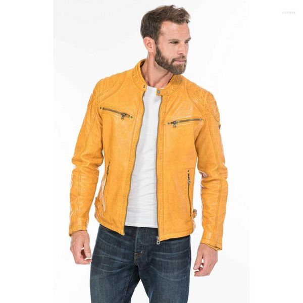 Vestes pour hommes Veste en cuir jaune Véritable peau de mouton Moto Rider Mode Tendance européenne et américaine