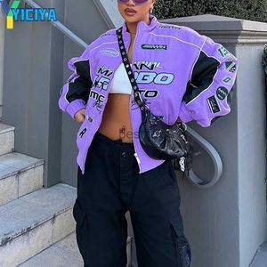 YICIYA Bomber Dames Varsity Jacket Paars Afdrukken Racing Punk Motorcycle University Baseball Jacket Winterjas met lange mouwen TopL231006