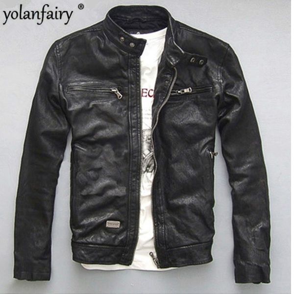 Chaquetas para hombres Yolanfairy primavera otoño chaqueta de cuero genuino para hombres chaquetas cortas y delgadas para motocicleta para hombres prendas de vestir exteriores chaqueta De cuero