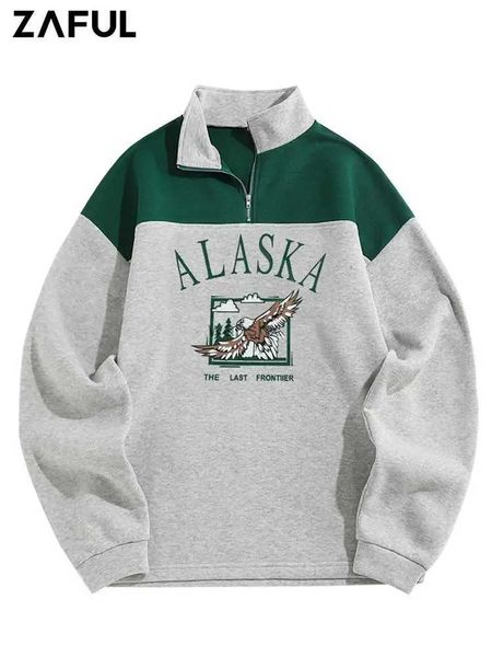 Vestes pour hommes ZAFUL Sweat-shirt en polaire à col roulé pour hommes ALASKA Graphic Eagle imprimé Colorblock à capuche unisexe Streetwear pull Z4949900L240115