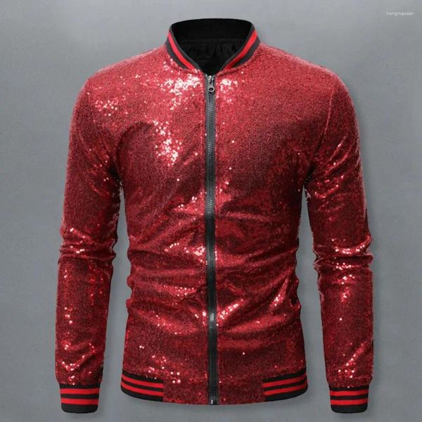 Chaquetas para hombres Chaqueta tipo cárdigan con cremallera Lentejuelas Espectáculo de baile Abrigo de rendimiento para hombres con cierre ajustado Mangas largas brillantes Soporte