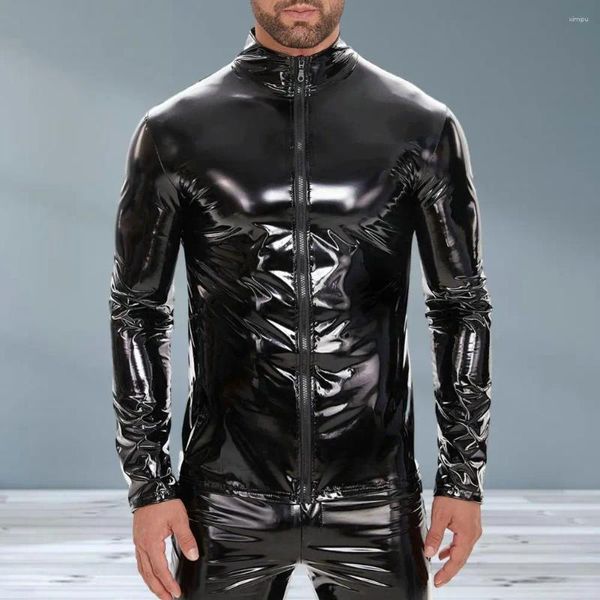 Vestes pour hommes Fermeture à glissière Veste Faux Cuir avec col montant pour la performance en boîte de nuit Lisse Brillant Solide