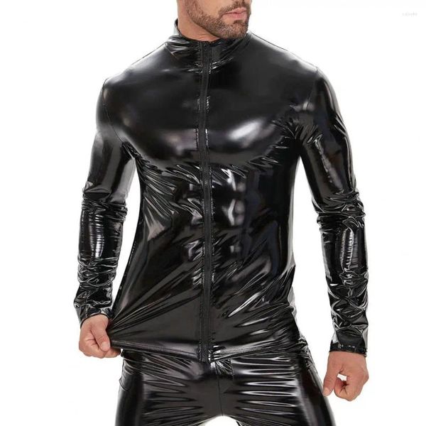 Chaquetas para hombres Chaqueta con cierre de cremallera Club nocturno de fiesta de cuero sintético con cuello de soporte liso brillante sólido para la noche