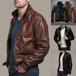 Vestes pour hommes Fermeture à glissière Col montant Hommes Veste Faux Cuir Couleur Solide Slim Fit Moto Vêtements d'extérieur Automne Vélo Coupe-vent