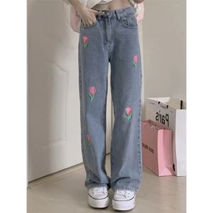 Heren Jean Bf losse jeans rechte denim broek roze print blauw gewassen do oude hoge taille brede poot broek hartzakken vintage herfst 230308