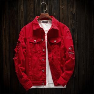 Veste en Jean pour hommes, coupe cintrée, en coton, Denim, rouge, blanc, noir, manteaux déchirés, vêtements d'extérieur, grande taille, Streetwear, 220819