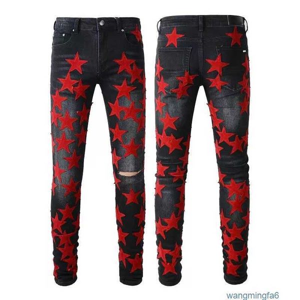 Men's Jean Purple Brand Man Designer Stacked Women Pants Star Patches Hip Hop con agujero Skinny Jeans SO6E