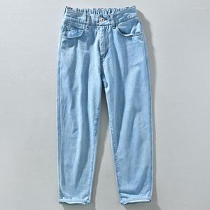 Heren jeans 1098 lente herfst mode mannen vintage elastische taille vaste kleur casual losse basis denim broek vrouwen unisex premium broek