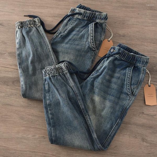 Jeans pour hommes 1286 # Automne American Retro Épais Denim Coton Lavé Poids lourd Taille élastique Cordon de serrage Pantalon à la cheville
