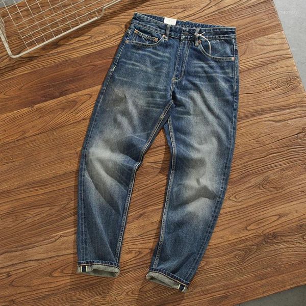 Jeans pour hommes 14oz Heavyweight Selvedge Denim Vêtements Moustache Lavé Pantalon rétro en détresse Pantalon de tenue décontracté Pantalon ample effilé