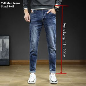 Jeans pour hommes 190CM Taille haute Pantalon Exra bleu classique pour hommes 115CM Printemps Automne Plus la taille 38 40 42 Coupe ultra fine pour les grands garçons Pantalon élastique 230403