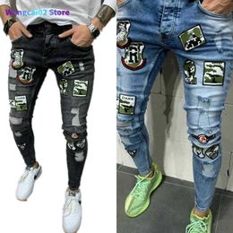 Heren jeans 2 stijlen mannen rekbare gescheurde mager fietser borduurwerk jeans vernietigd gat geplakt slanke fit denim gekrast Jean 022023H 022123H