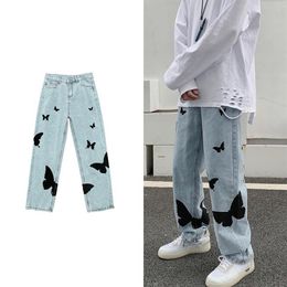 Mannen Jeans 2021 Vlinder Print Voor Mannen Broek Losse Baggy Casual Denim Stretch Rechte Mode Broek Vrouwen Clothing314S