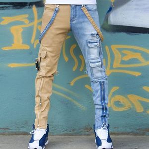 Jeans pour hommes 2021 High Street salopette droite surdimensionné hip-hop jaune bleu Denim pantalon mode décontracté