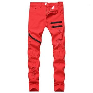 Jeans pour hommes 2021 hommes empilés déchiré mâle fermeture éclair hiver denim jambe droite pantalon slim fit copain streetwear blanc rouge bl258c