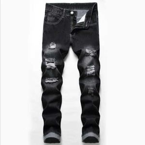 Heren jeans 2021 heren gescheurde jeans lente herfst ontwerper slanke fit zwart grijze denim broek mannelijke jeans noodlijdende vernietigde broeken t240507