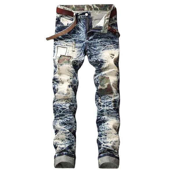 Jeans pour hommes 2021 Mens Slim Straight Patch Lavé Mendiant Denim Pantalon Mode Style Casual Pantalon pour Men277R