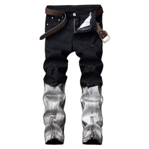 Hommes déchirés Moto moo Jeans Droit Slim Fit Denim Pantalons Patchwork Fashion Zippers High Street Dégusté Enduit