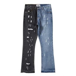 Jeans voor heren 2021 Stijlvol kleurenblok Patchwork Gat gescheurd Heren Flare Jeans Broek Hip Hop Vintage Gewassen Baggy Denim Broek Pantni Uomo T221102