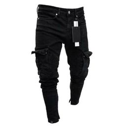Jeans pour hommes 2021 Mode Noir Jean Hommes Denim Skinny Biker Détruit Effiloché Slim Fit Poche Cargo Crayon Pantalon Plus Taille S-3XL209C