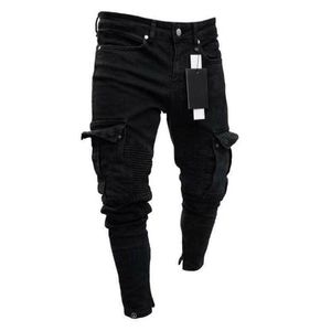 Jeans pour hommes 2021 Mode Noir Jean Hommes Denim Skinny Biker Détruit Effiloché Slim Fit Poche Cargo Crayon Pantalon Taille S-3XL Mode