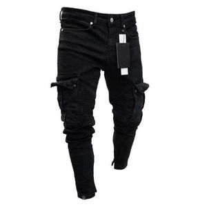 Jeans pour hommes 2021 Fashion Black Jean Hommes Denim Skinny Biker Détruit Effiloché Slim Fit Poche Cargo Crayon Pantalon Plus Taille S-3XL323C