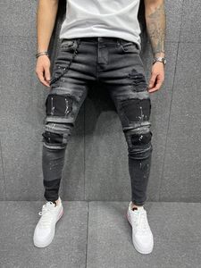 Heren jeans 2021men Ripped Skinny Rits Zwart Patchwork Biker Potlood Pants Locomotive Denim Streets Hip Hop Gedrapeerd Mannelijk