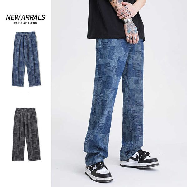 Jeans masculinos 2022 Autumn Nuevo High Street High Street Straight Loose Men's Wideleg Jeans tendencia Hiphop Fashion Boys and Girls Plaid Denim Jeans Z0301
