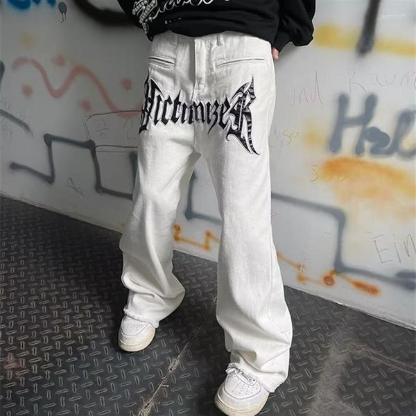 Jeans pour hommes 2022 Cool Design Cuir Broderie Blanc Baggy Hommes Pantalons Y2K Mode Streetwear Droite Lâche Hip Hop Denim Tro2385