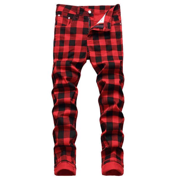 Jeans para hombres 2022 Estilo de Inglaterra con estilo Red Plaid Hombres Stretch Slim Jeans Pantalones Moda Patchwork Mujeres Lápiz Algodón Pantalones Casuales Pantn T221102