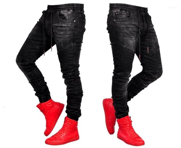Jeans para hombres 2022 pliegues europeos americanos Fit Slim Men Runway Biker Fashion Hiphop Black For Men1