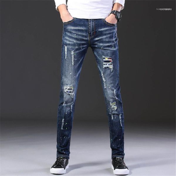 Jeans pour hommes 2022 Mode Casual Mens Straight Stretch Dot Craft Petits pieds Skinny Jens Hommes Rayé Blue Hole Denim Tide Pantalon, ES6861