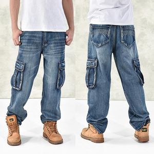Men's Jeans 2022 Large Size 30-44 46 Fashion Loose Big Pockets Hip-Hop Skateboard Casual Men Denim Blue & Black Design Brand