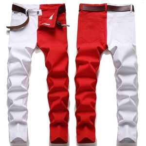 Jeans pour hommes 2022 hommes rouge et blanc bicolore Patchwork crayon pantalon Slim jeunesse rue Hip Hop Denim lavé