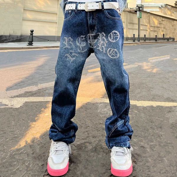 Jeans pour hommes 2022 nouvelle mode lettre strass marron Vintage Baggy hommes jean pantalon droit Hip Hop Goth Denim pantalon Pantnes Vaqueros T221102