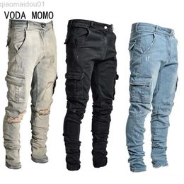 Jeans pour hommes 2022 Date Europe Jeans Hommes Crayon Pantalon Casual Coton Denim Déchiré Trou En Détresse Nouveau Pantalon De Mode Poches Latérales Pantalon Cargo L230724