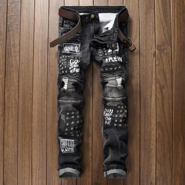 Pantalones vaqueros para hombre 2022 con parches para hombre, pantalones vaqueros rasgados clásicos de algodón informales ajustados para corte recto ajustado de talla grande Rvaet Rap Harajuku Biker Jean