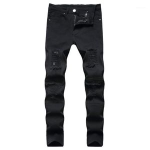 Heren jeans 2022 slim fit rits geplooide broek gescheurde broek geschilderd patch bedelaar broek jumbo maat kleding zwart