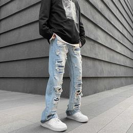 Heren jeans 2022 lente en zomer nieuwe heren hiphop hiphop microladen jeans ins tide merk los rechte nostalgische gescheurde broek z0225