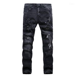 Jeans pour hommes 2022 printemps hommes Moto motard Style de mode droite Slim Fit homme Denim pantalon en détresse noir Male1