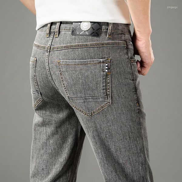 Jeans pour hommes 2022 printemps été hommes bleu clair coupe régulière coton lin tissu décontracté droit gris Denim pantalon homme marque