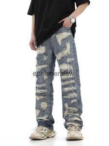 Jeans pour hommes 2023 Style américain High Street lavé personnalisé trou déchiré coupe tube droit jean ample polyvalent pour hommes et femmeséphémère