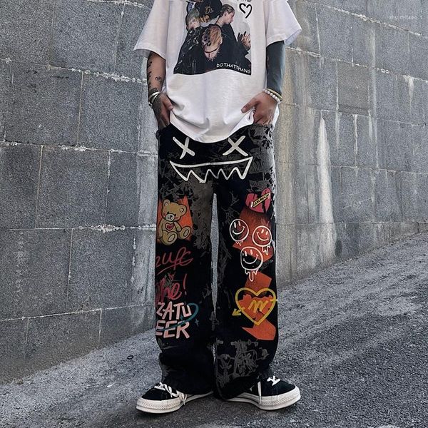 Jeans homme 2023 Style américain High Street Graffiti rétro Y2K pantalon droit femme ample Harajuku pantalon large
