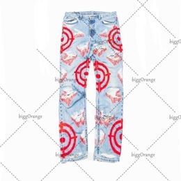 Heren jeans 2023 Amerikaanse stijl straat hiphop gescheurde hoge taille licht blauwe doelen print retro casual rechte breedbeen broek 230419