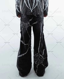 Jeans pour hommes 2023 Américain à la mode lavé toile d'araignée rayé pantalon large hommes Y2K gothique rock lâche taille haute jambe large pantalon droit T231118